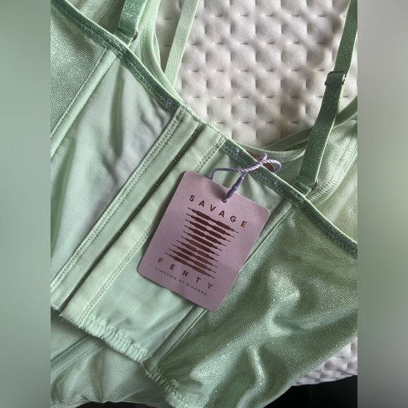 NWT Savage X Fenty Bustier Women Size M Going Platinum Mesh Green Mist Shimmer - Picture 2 of 9